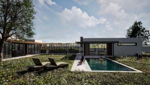 Una casa prefabricada modular de diseño minimalista y elegante, con grandes ventanales y un porche de madera, integrada armónicamente en un paisaje mediterráneo (montañas suaves, olivos, luz cálida). Los materiales naturales como la madera o piedra en la fachada contrastan con líneas modernas. Un toque de lujo discreto y sostenibilidad.