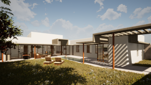 Una casa prefabricada modular de diseño minimalista y elegante, con grandes ventanales y un porche de madera, integrada armónicamente en un paisaje mediterráneo (montañas suaves, olivos, luz cálida). Los materiales naturales como la madera o piedra en la fachada contrastan con líneas modernas. Un toque de lujo discreto y sostenibilidad.