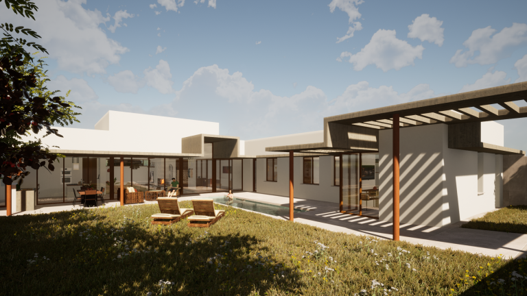 Una casa prefabricada modular de diseño minimalista y elegante, con grandes ventanales y un porche de madera, integrada armónicamente en un paisaje mediterráneo (montañas suaves, olivos, luz cálida). Los materiales naturales como la madera o piedra en la fachada contrastan con líneas modernas. Un toque de lujo discreto y sostenibilidad.