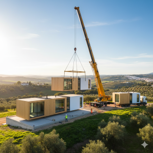 Una casa prefabricada modular de diseño minimalista y elegante, con grandes ventanales y un porche de madera, integrada armónicamente en un paisaje mediterráneo (montañas suaves, olivos, luz cálida). Los materiales naturales como la madera o piedra en la fachada contrastan con líneas modernas. Un toque de lujo discreto y sostenibilidad.