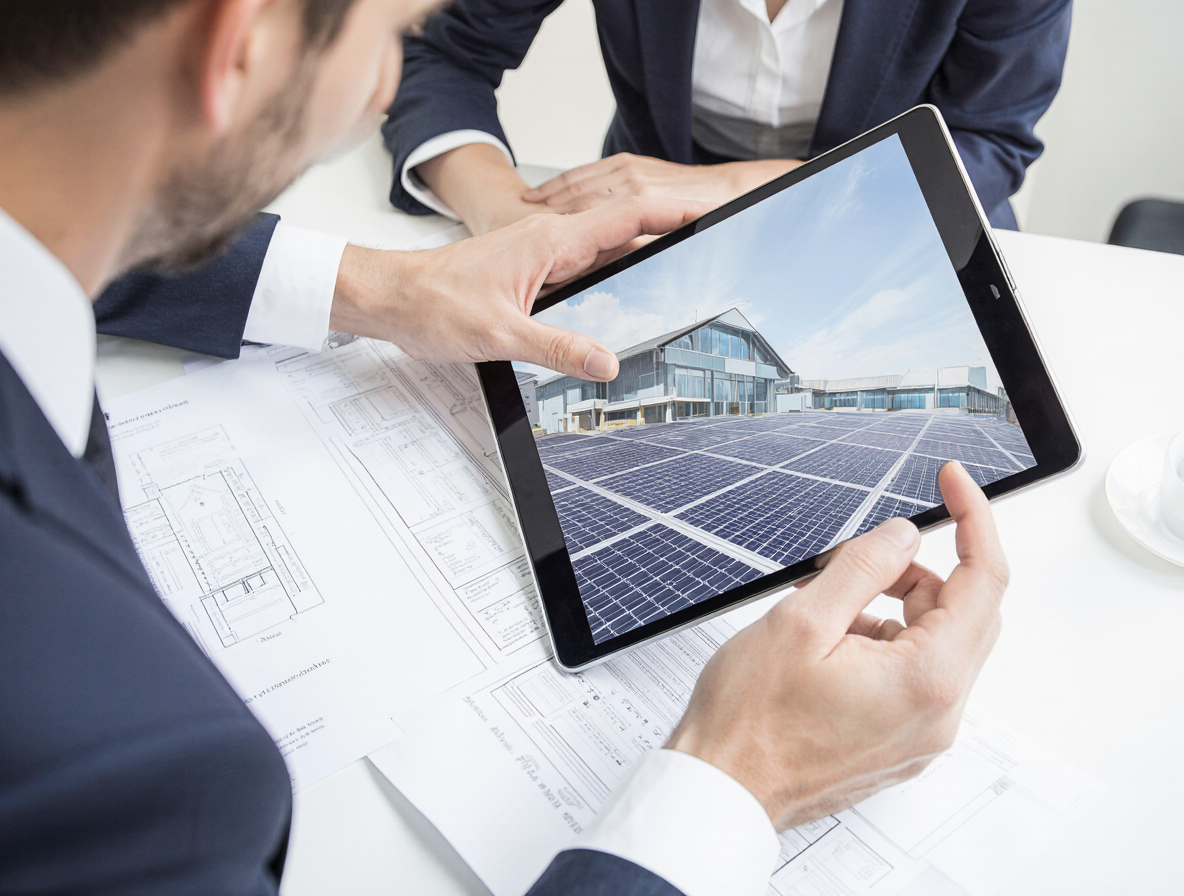 Descripción de la imagen: Un arquitecto técnico (hombre o mujer, de aspecto profesional y moderno) revisando un plano digital en una tablet o portátil, con un fondo que insinúa una construcción moderna y eficiente (paneles solares, aislamiento visible) o un detalle arquitectónico de diseño limpio. La iluminación es clara y profesional, sugiriendo precisión y control.